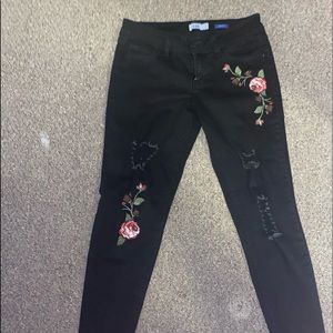Black Ripped with Embroidered Rose Skinny Jeans